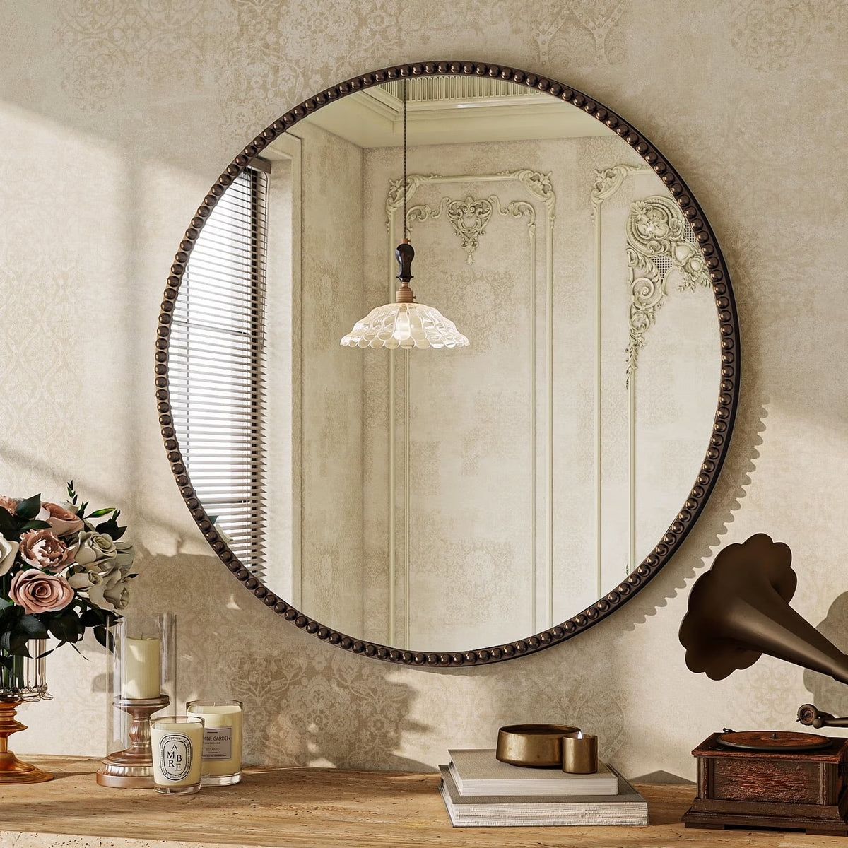 BEAUTYPEAK 24" Round Bathroom Mirror Vanity Mirror Wall Mounted With Beaded Frame,Antique Bronze