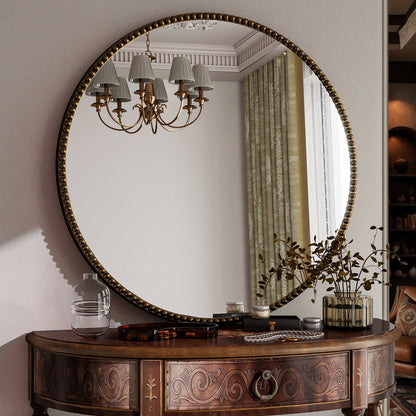BEAUTYPEAK 24" Round Bathroom Mirror Vanity Mirror Wall Mounted With Beaded Frame,Antique Bronze
