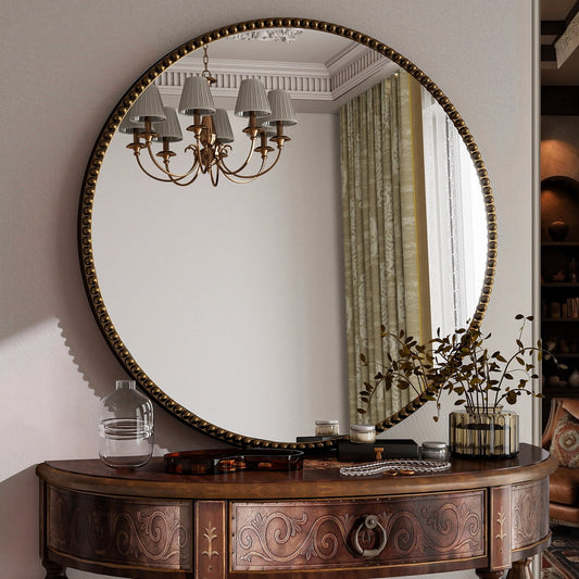 BEAUTYPEAK 24" Round Bathroom Mirror Vanity Mirror Wall Mounted With Beaded Frame,Antique Bronze