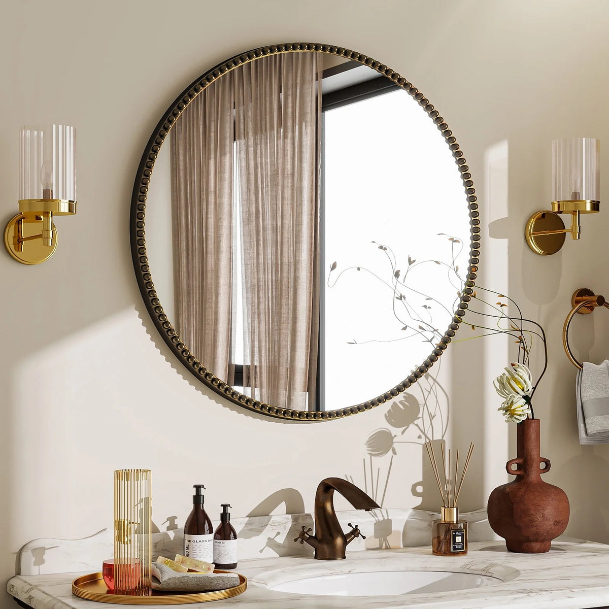 BEAUTYPEAK 24" Round Bathroom Mirror Vanity Mirror Wall Mounted With Beaded Frame,Antique Bronze