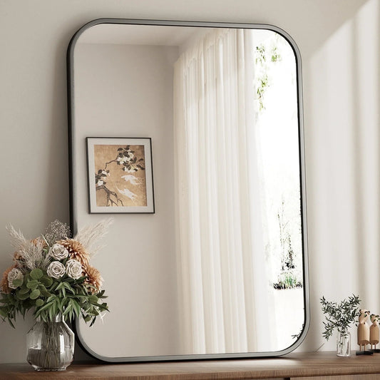 BEAUTYPEAK 20"x28" Wall Mirror Rounded Corners Hanging Vanity Mirror Black