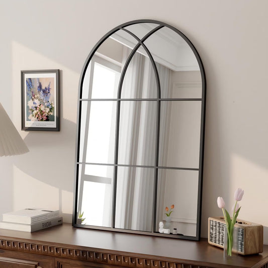 BEAUTYPEAK 36"x 24" Arched Windowpane Mirror Decorative Wall Mirror, Black