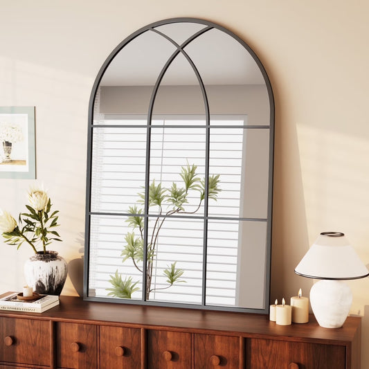 BEAUTYPEAK 40"x 30" Arched Windowpane Mirror Decorative Wall Mirror, Black