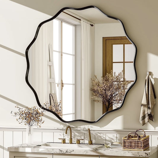 BEAUTYPEAK 30" Wavy Round Bathroom Mirror Wall Decor with Deep Frame, Black