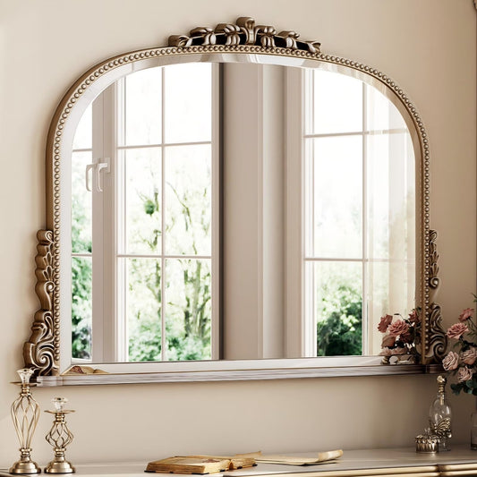 BEAUTYPEAK 36"x 27" Arched Vanity Mirror Vintage Decor Mirror Wall Mounted, Antique Silver