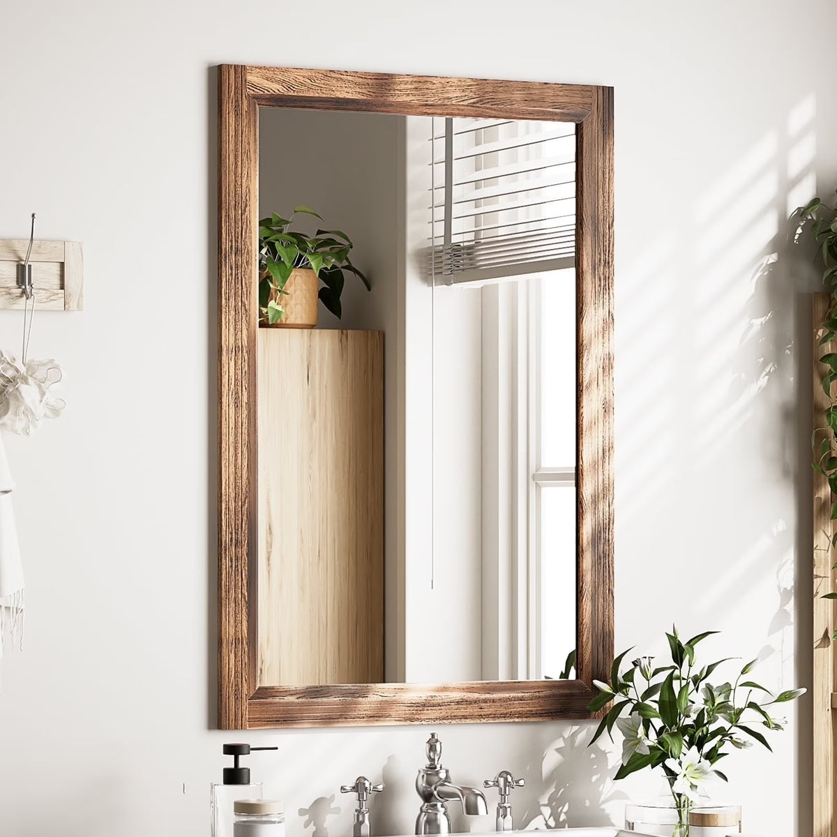 BEAUTYPEAK 36"x 24"Rectangular Bathroom Mirror Wall Mirror Wooden Frame,Brown