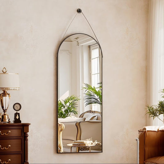 BEAUTYPEAK 48" x 16" Arched Full Length Mirror Hanging Wall Mirrors with Leather Strap, Black