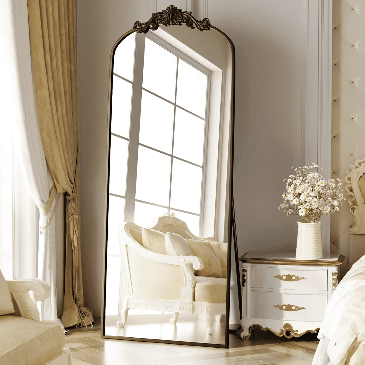 BEAUTYPEAK 67.1"x24.2" Full Length Mirror with Baroque Flower Head Design Wall-Mounted Mirror,Antique Bronze