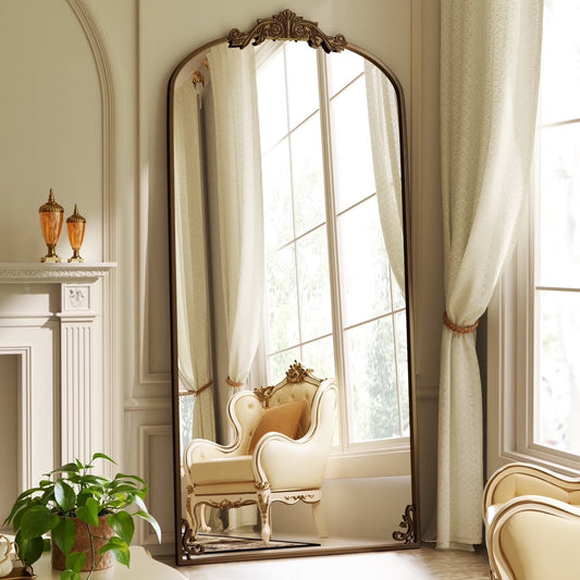 BEAUTYPEAK 74"x32" Full Length Mirror with Baroque Flower Head Design Wall-Mounted Mirror,Antique Bronze