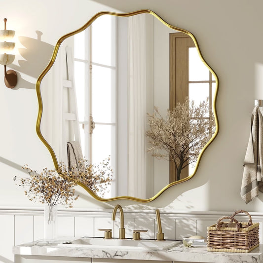 BEAUTYPEAK 24" Wavy Round Bathroom Mirror Wall Decor with Deep Frame, Gold