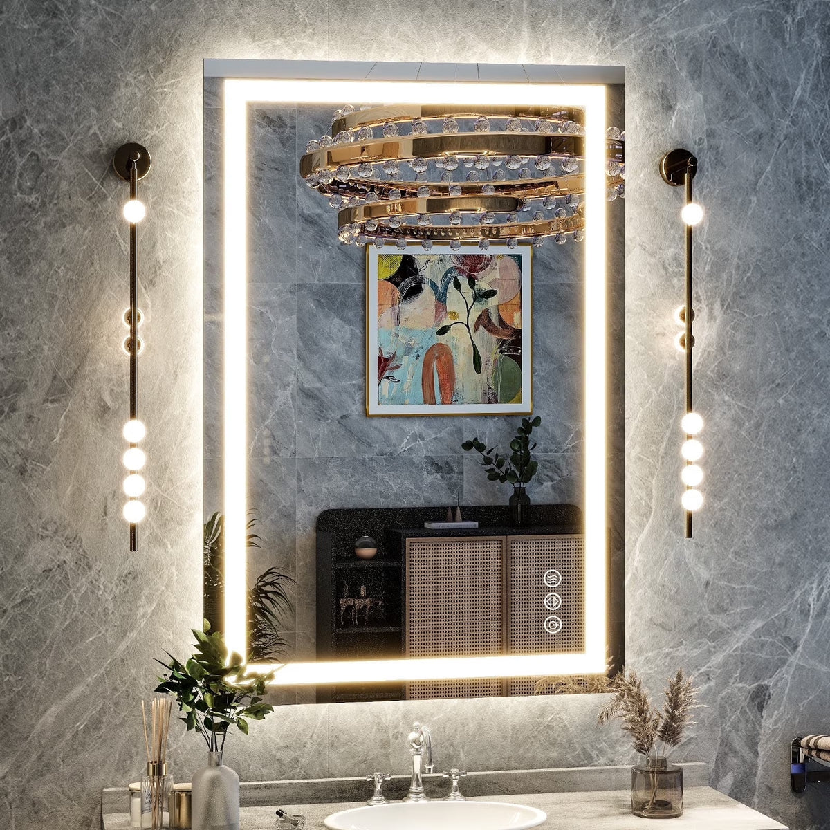 BEAUTYPEAK 26"x38" LED Bathroom Mirror Anti-Fog Vanity Wall Mirror with 3 Color Dimmable Light Mirror Touch Control, White