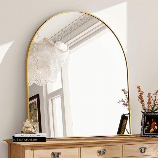 BEAUTYPEAK 31"x 38" Bathroom Mirror Wall Vanity Arched Mirror, Gold, Crown Shape