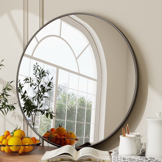 BEAUTYPEAK 30" Wall Mirror Bathroom Mirror Wall Mounted Round Mirror, Black