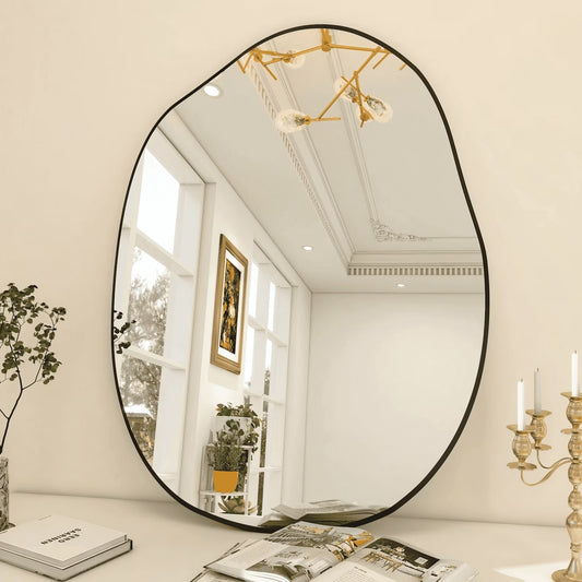 BEAUTYPEAK 26" x 38" Vanity Mirror Wall Wavy Mirror Bathroom Mirror Decor , Black