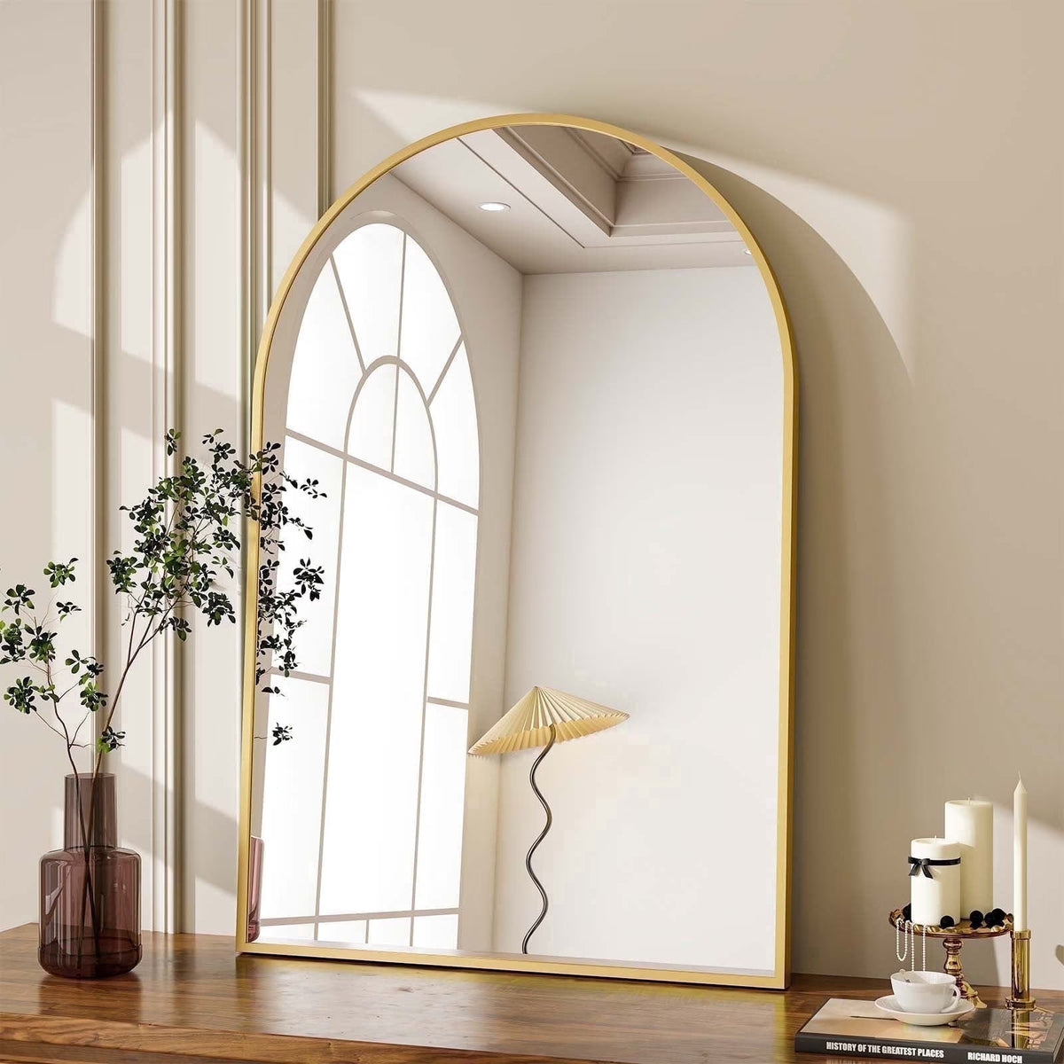 BEAUTYPEAK 24"x 36" Bathroom Mirror Wall Vanity Arched Mirror, Gold