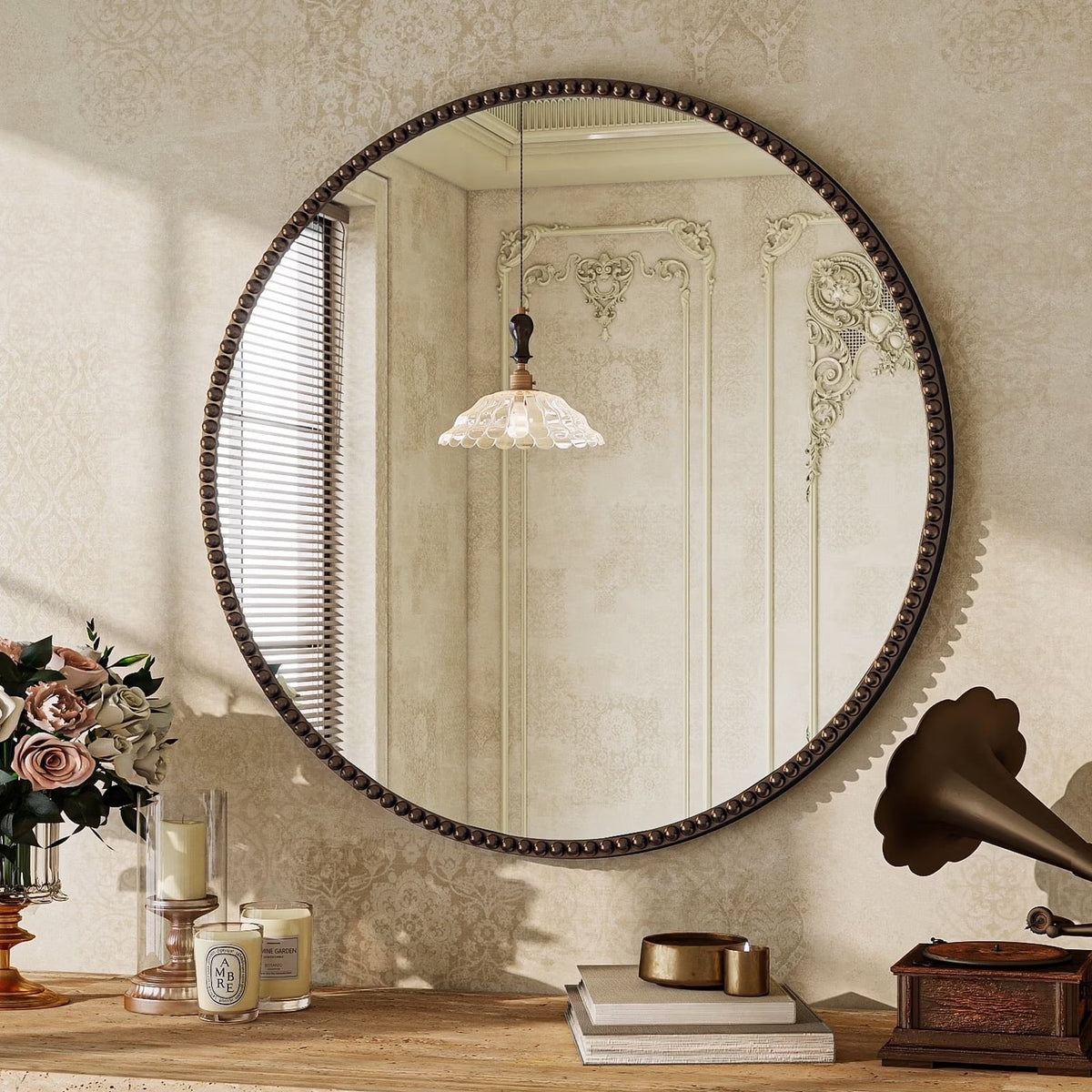 BEAUTYPEAK 24" Round Bathroom Mirror Vanity Mirror Wall Mounted With Beaded Frame,Antique Bronze