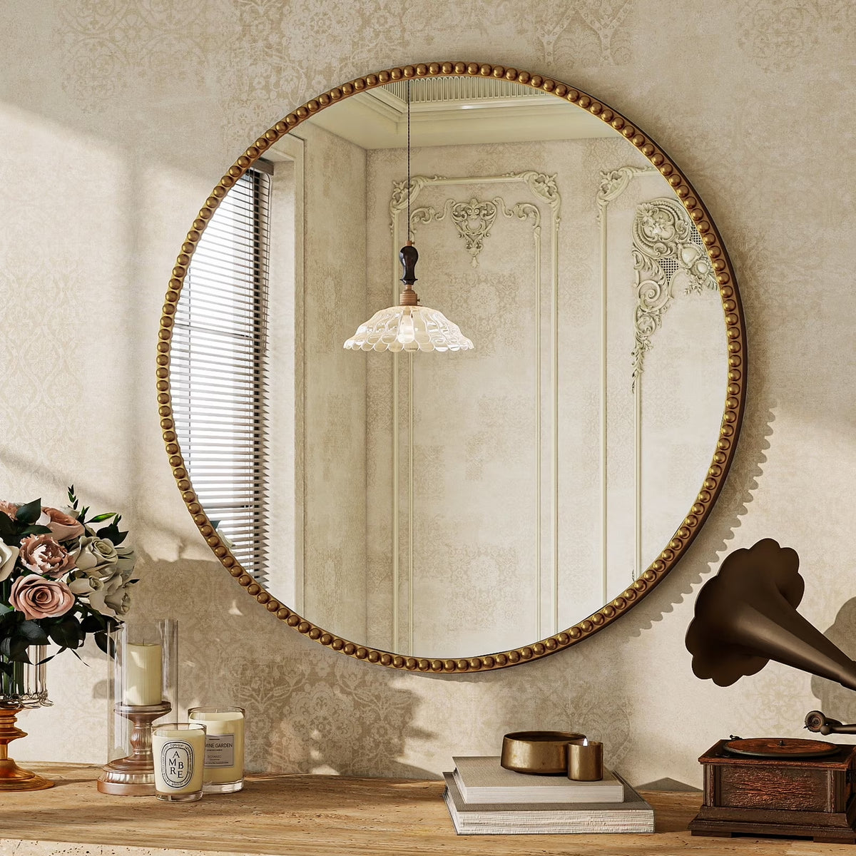 BEAUTYPEAK 24" Round Bathroom Mirror Vanity Mirror Wall Mounted With Beaded Frame,Gold