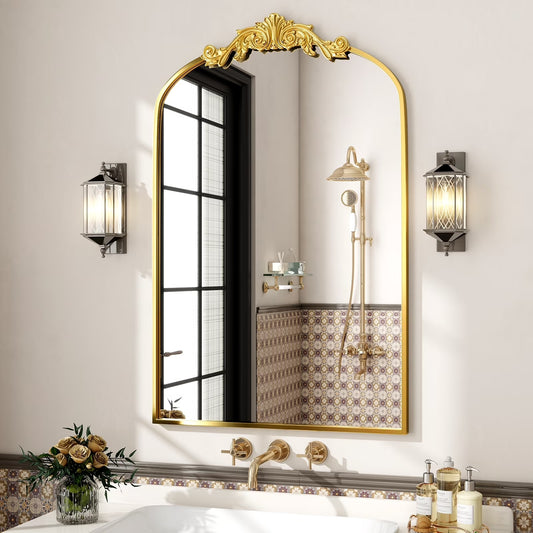 BEAUTYPEAK 38"x 24" Arched Bathroom Mirror Baroque Style Wall Decor,Gold