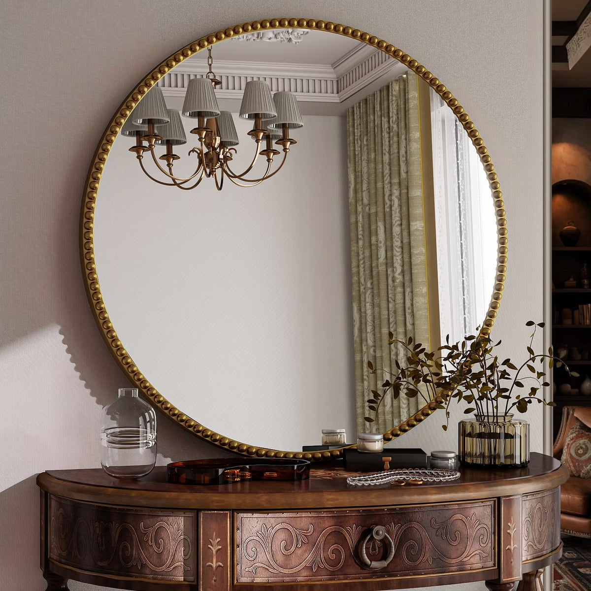 BEAUTYPEAK 32" Round Bathroom Mirror Vanity Mirror Wall Mounted With Beaded Frame,Gold