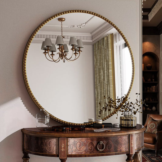 BEAUTYPEAK 28" Large Round Bathroom Mirror Decorative Vintage Mirror, Gold