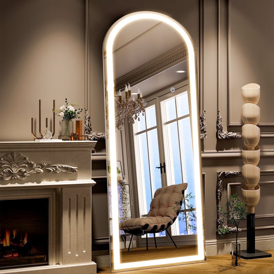 BEAUTYPEAK 68" x 26" LED Arched Full Length Mirror Standing Floor Mirror,White