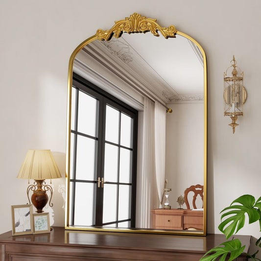 BEAUTYPEAK 40"x26" Vanity Wall Mirror Decorative Vintage Arch Bathroom Mirror,Gold
