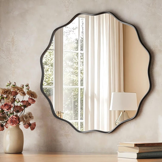BEAUTYPEAK 24" Wavy Round Bathroom Mirror Wall Decor with Deep Frame, Black