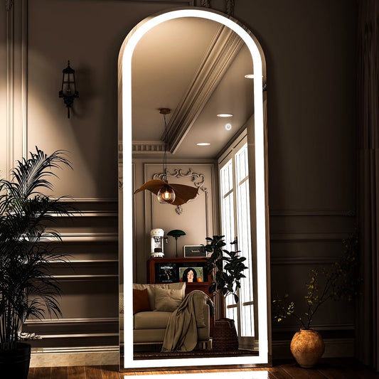 BEAUTYPEAK 71"x 30" LED Arched Full Length Mirror Floor Standing Mirror with Stand,White
