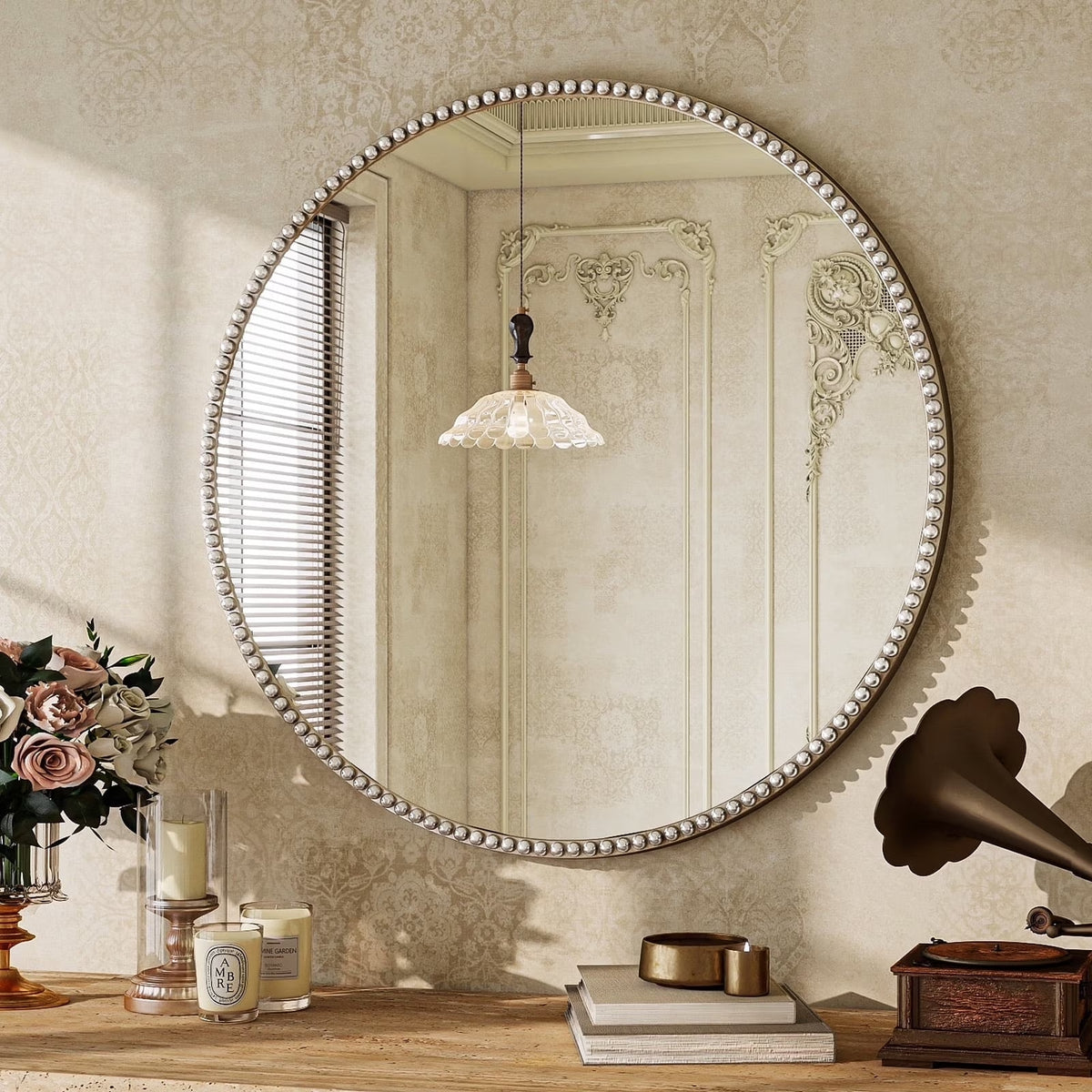 BEAUTYPEAK 24" Round Bathroom Mirror Vanity Mirror Wall Mounted With Beaded Frame,Silver