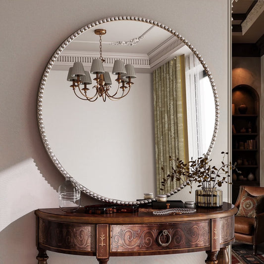 BEAUTYPEAK 28" Large Round Bathroom Mirror Decorative Vintage Mirror, Silver