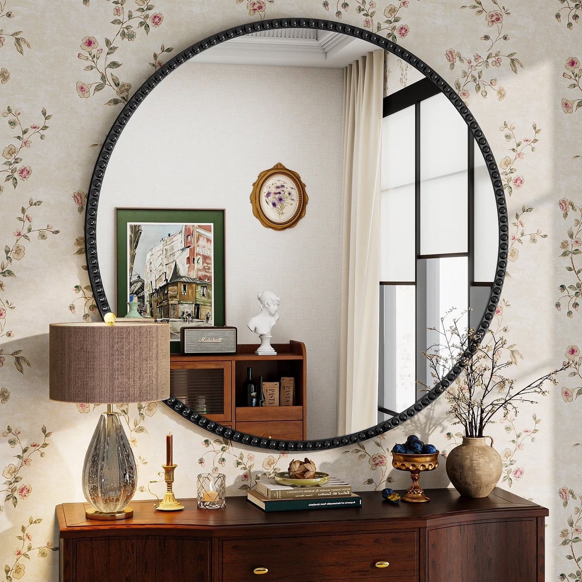 BEAUTYPEAK 32" Round Bathroom Mirror Vanity Mirror Wall Mounted With Beaded Frame,Black