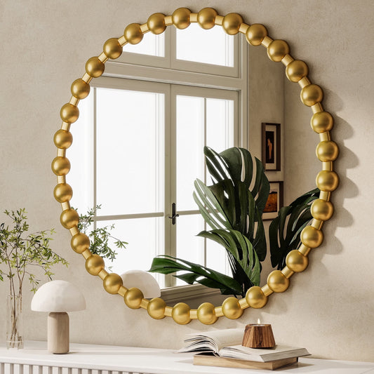 BEAUTYPEAK 28" Round Vintage Bathroom Mirror Decorative Wall Mirror with Luxurious Beaded Frame, Gold