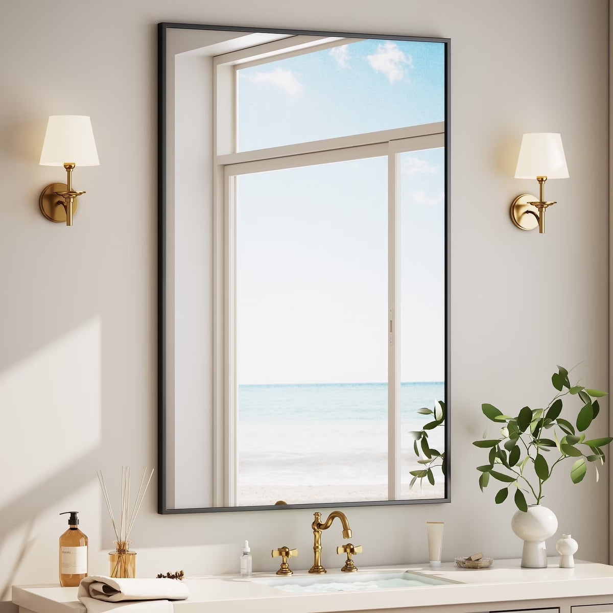 BEAUTYPEAK 36"x24" Bathroom Wall Mirror with Rectangular Metal Frame, Black