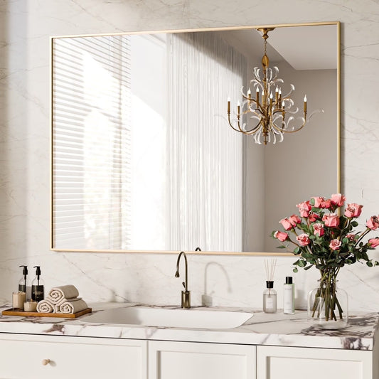 BEAUTYPEAK 40"x30" Bathroom Wall Mirror with Rectangular Metal Frame, Gold
