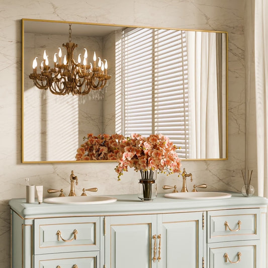 BEAUTYPEAK 48"x30" Bathroom Wall Mirror with Rectangular Metal Frame, Gold