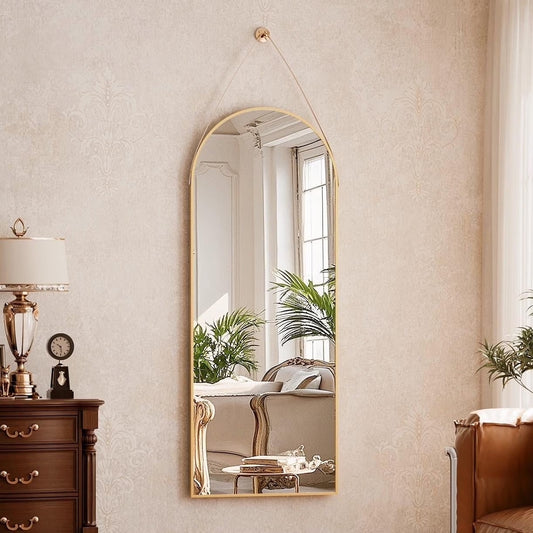 BEAUTYPEAK 48" x 16" Arched Full Length Mirror Hanging Wall Mirrors with Leather Strap, Gold