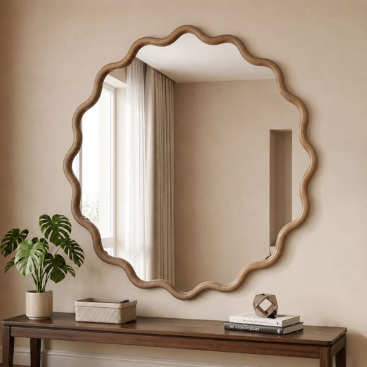 BEAUTYPEAK 30" Wavy Round Vintage Bathroom Mirror Wood Frame Decorative Wall Mirror, Natural Walnut