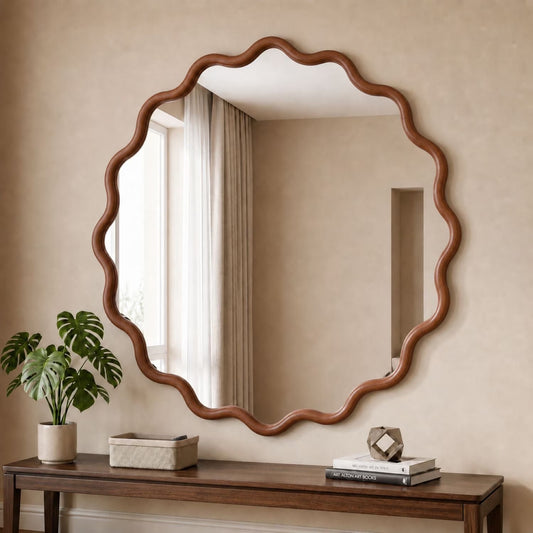 BEAUTYPEAK 30" Wavy Round Vintage Bathroom Mirror Wood Frame Decorative Wall Mirror, Red Walnut