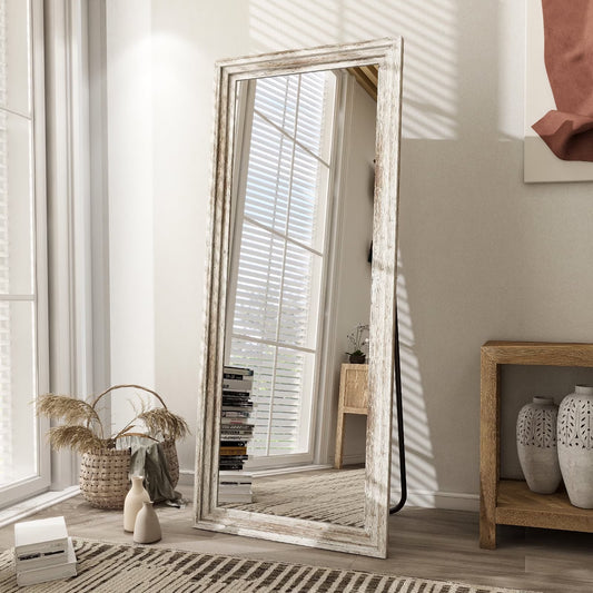 BEAUTYPEAK 64"x21" Full Length Mirror with Stand Solid Wooden Framed Floor Mirror Wall Mounted,Retro White