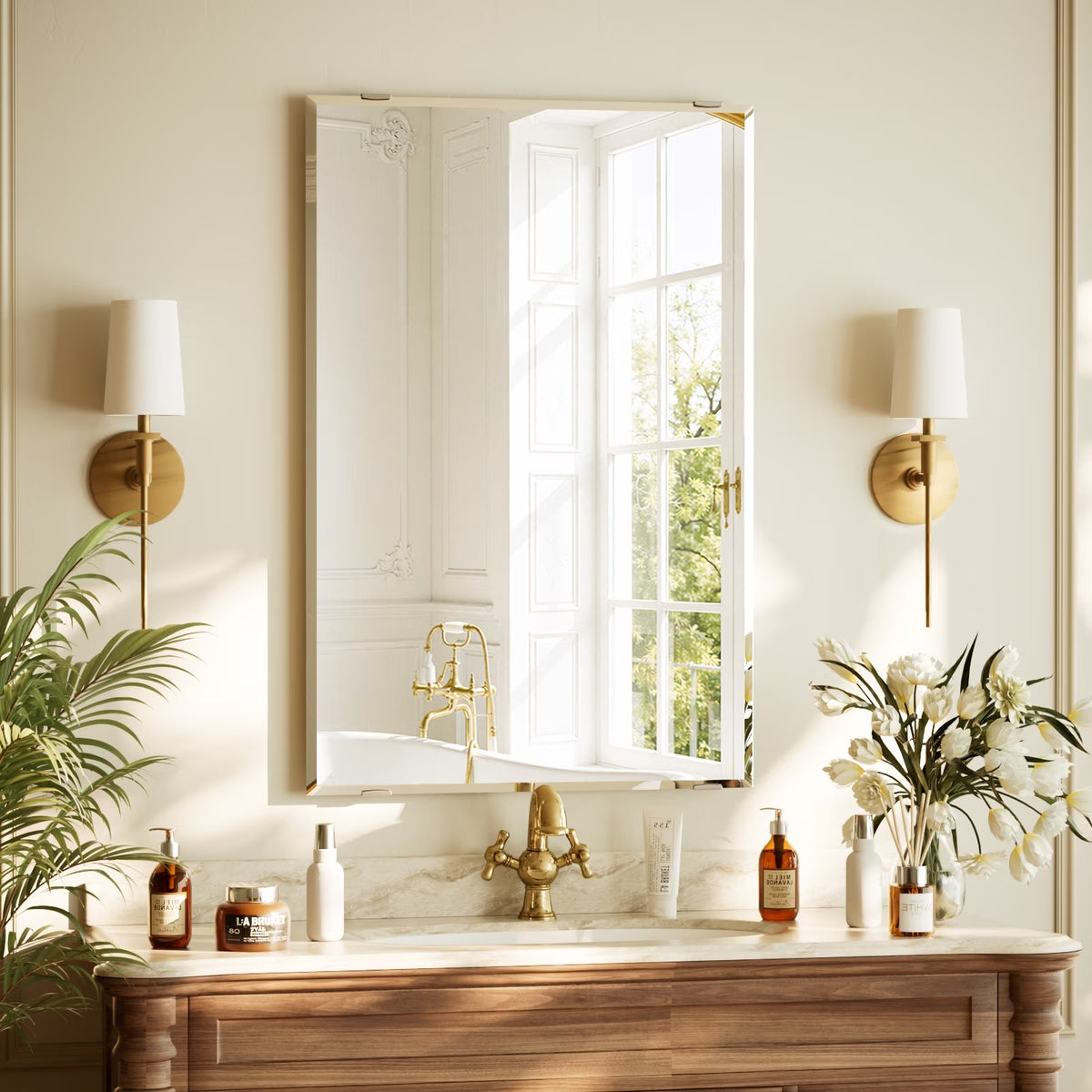 BEAUTYPEAK 36"x24" Rectangular Frameless Bathroom Mirror with Beveled Edge