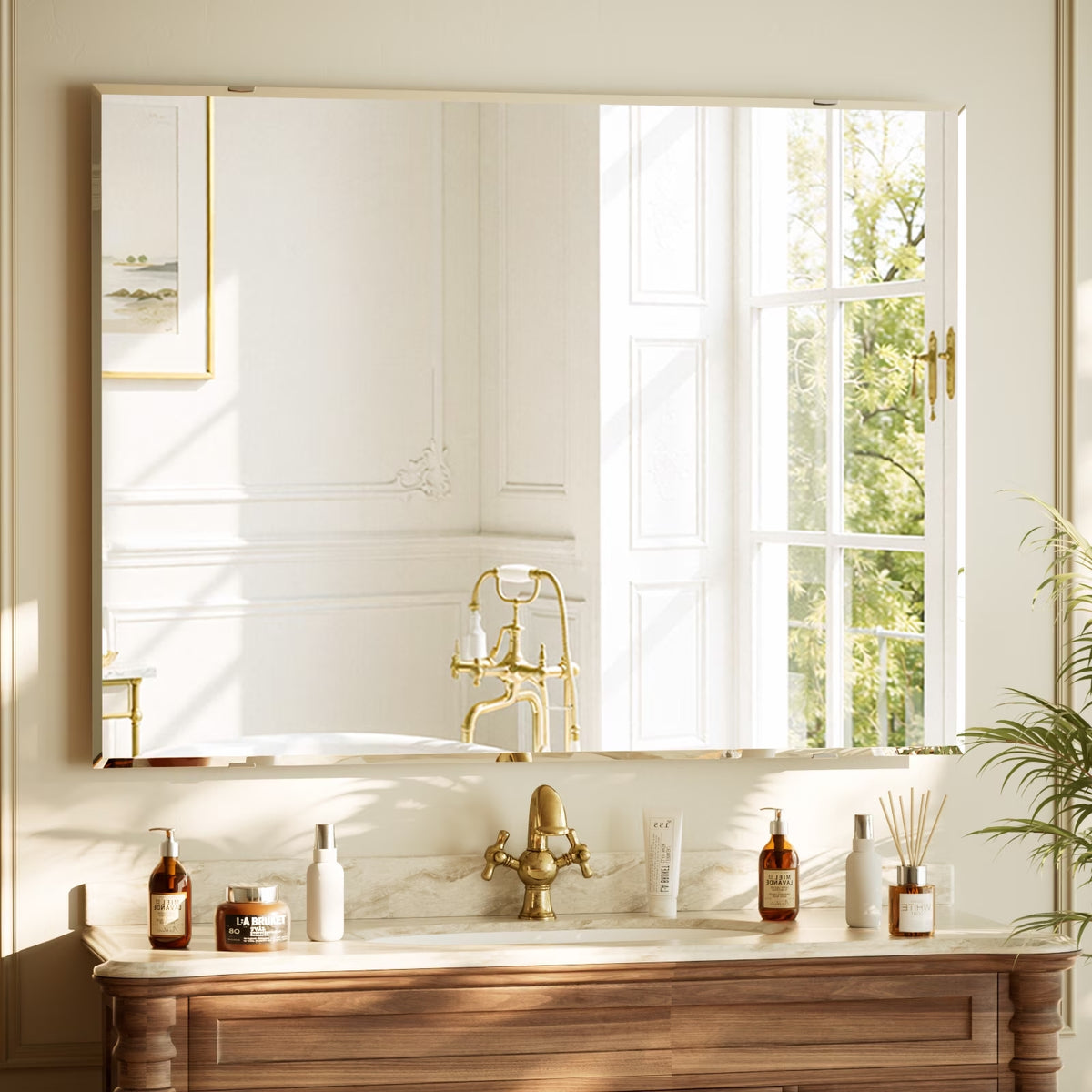 BEAUTYPEAK 48"x36" Rectangular Frameless Bathroom Mirror with Beveled Edge