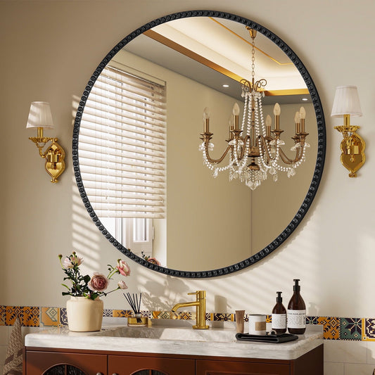 BEAUTYPEAK 36" Large Round Bathroom Mirror Decorative Vintage Mirror, Black