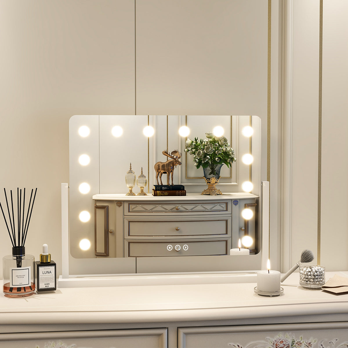 BEAUTYPEAK 20"x16" Hollywood Vanity Mirror with Adjustable Light Round-Edge Mirror, White