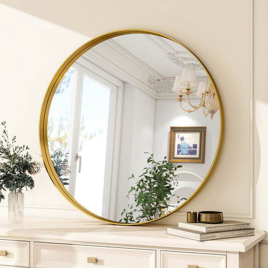 BEAUTYPEAK 24"x 24" Round Bathroom Mirror Circle Mirror With Deep Frame Wall Mounted,Black