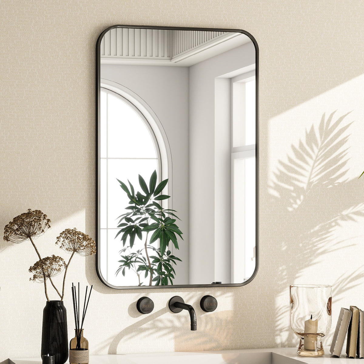 BEAUTYPEAK 24"x 36" Rounded Corners Aluminum Alloy Black Framed Wall Mirror