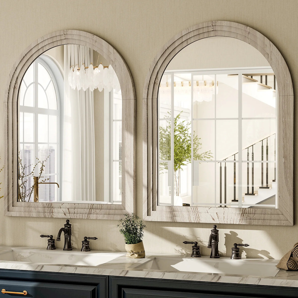 BEAUTYPEAK 36"x 24" Arched Bathroom Mirror Wall Mirror Wooden Frame