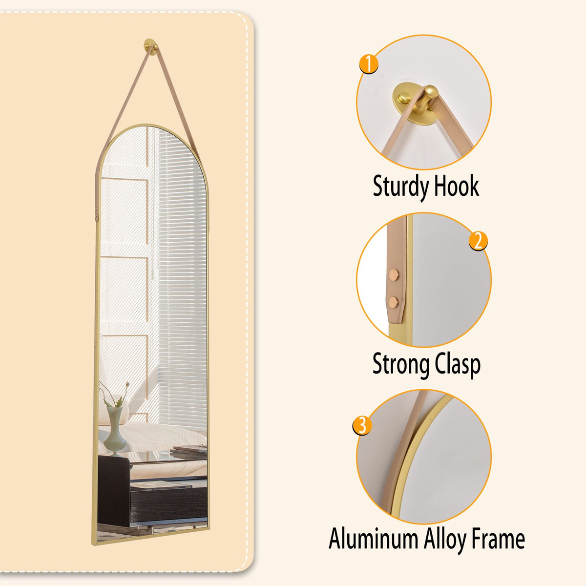 BEAUTYPEAK 48" x 16" Arched Full Length Mirror Hanging Wall Mirrors with Leather Strap