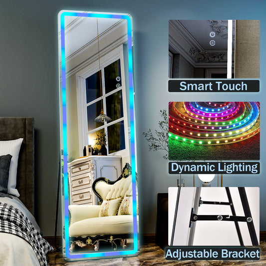 BEAUTYPEAK 60" x 16" Full Length Mirror with RGB Color Changing Light Floor Mirror Wall-Mounted, White