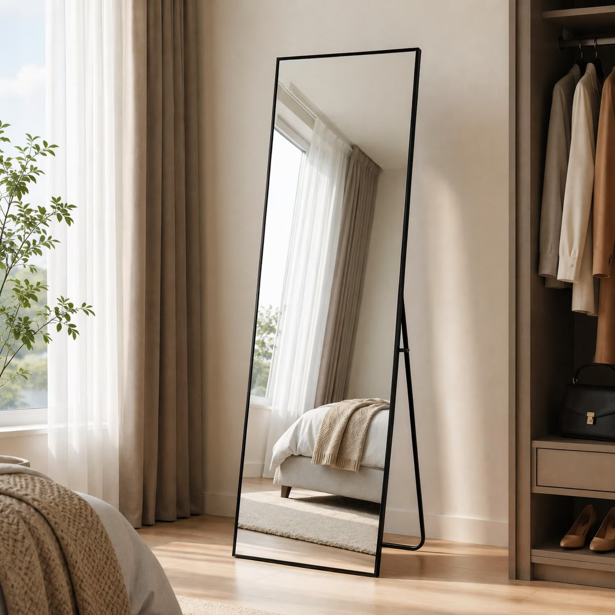 BEAUTYPEAK Full Length Mirror 56" x 15" Rectangular Aluminum Frame, Black