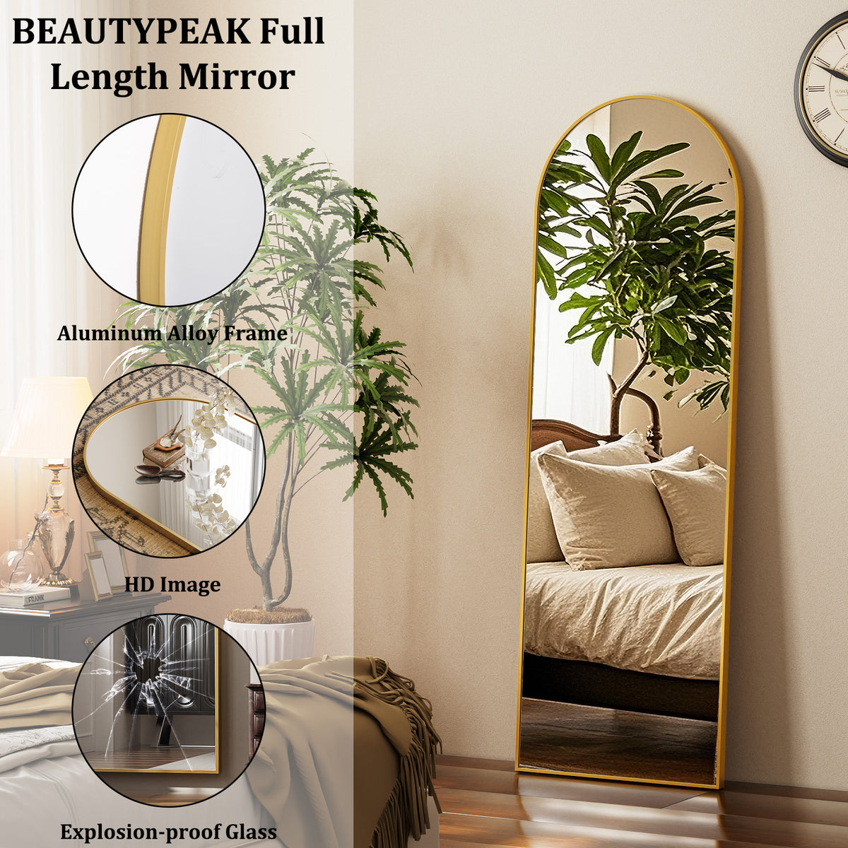 BEAUTYPEAK Arched  Aluminum Alloy Framed Full Length Mirror